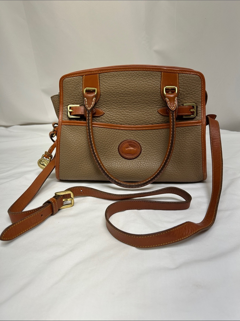 Vintage Dooney & Bourke AWL Buckle Satchel Crossbody Bag Taupe with Duck Fob